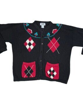 VTG Koret Cottagecore Farmhouse Knit Grandma Chic Argyle Kitsch Cardigan Petite
